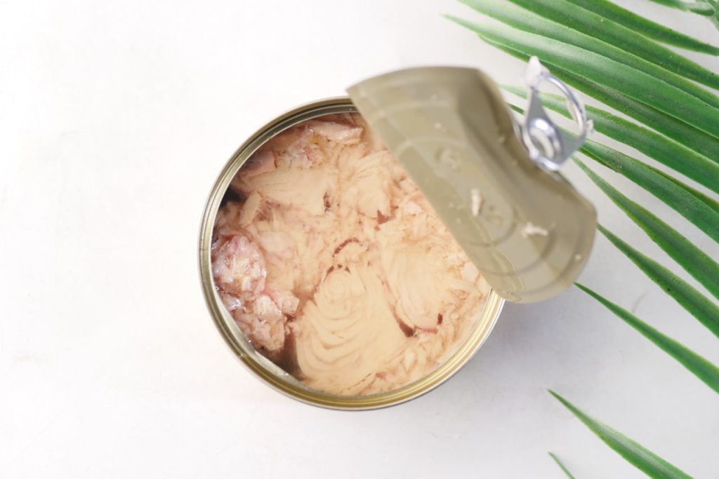 Open can of tuna on a light background with a decorative leaf. Ideal for food packaging visuals.